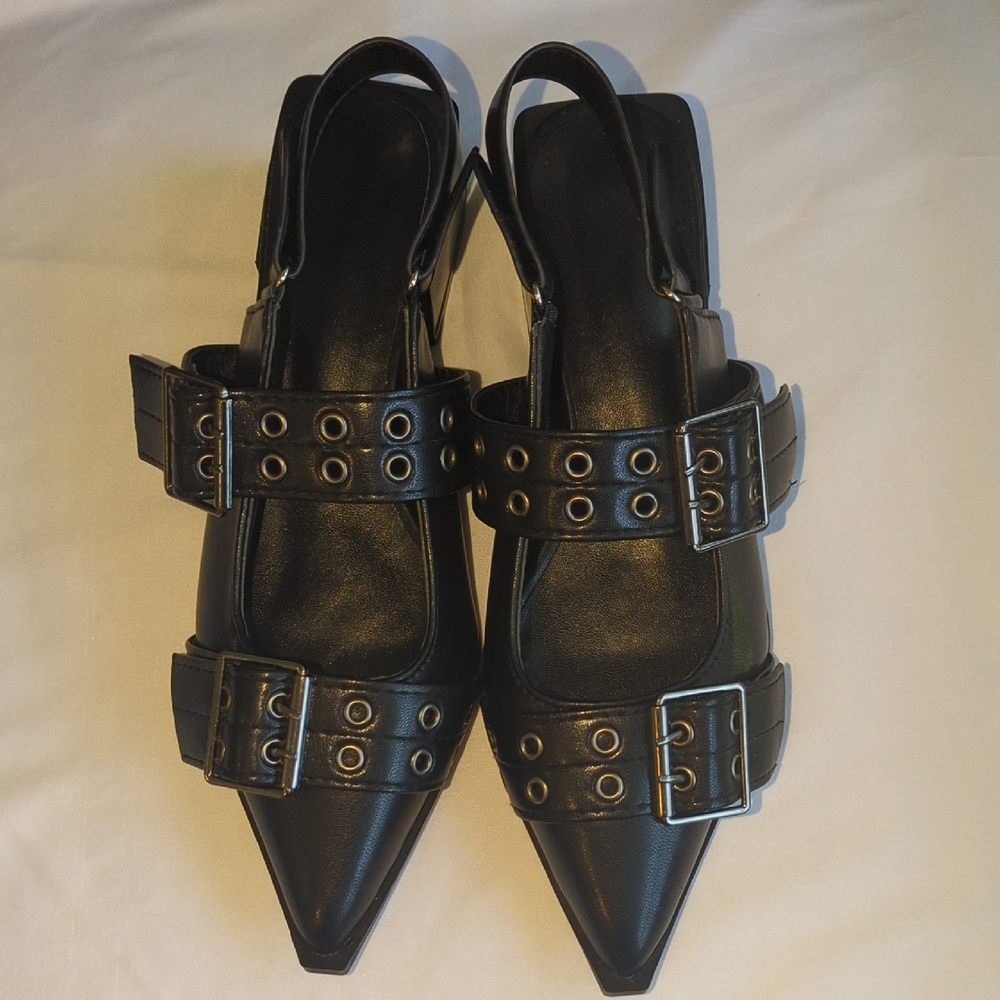Stylish Black Women's Double Buckle Sling Back Pointed Toe Shoes Size 6.5